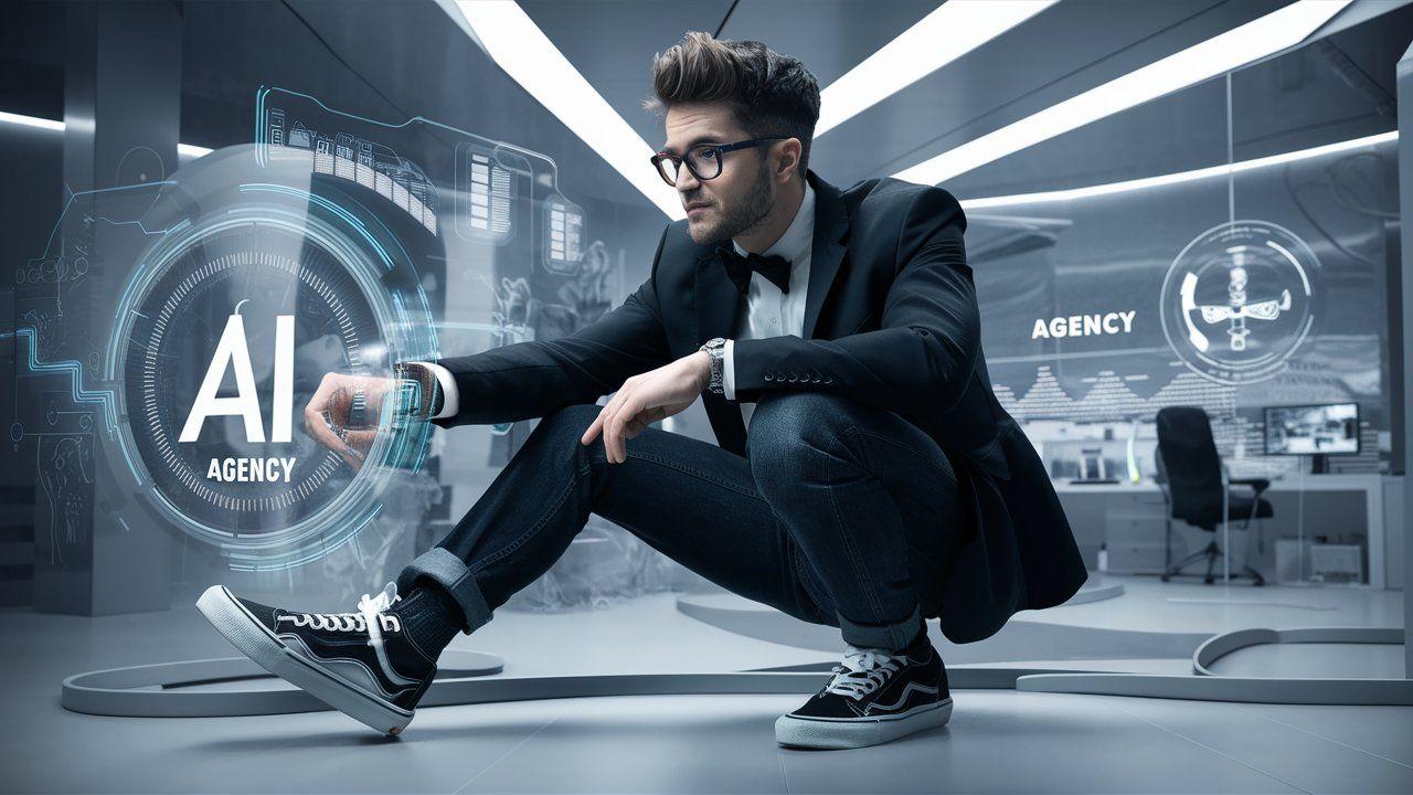 Man in suit interacting with virtual AI interface in a futuristic tech office setting.